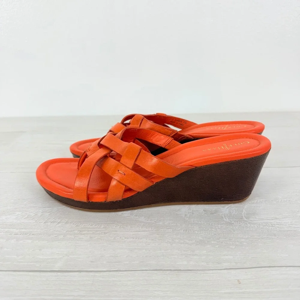 Cole Haan Wedge Sandals Size 7.5 B Orange Nike Air Strappy Leather Summer Bonnie